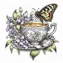An intricate tattoo featuring a dainty teacup and saucer surrounded by blooming hyacinth flowers and a buzzing bumblebee tattoo design idea