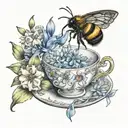 An intricate tattoo featuring a dainty teacup and saucer surrounded by blooming hyacinth flowers and a buzzing bumblebee tattoo design idea
