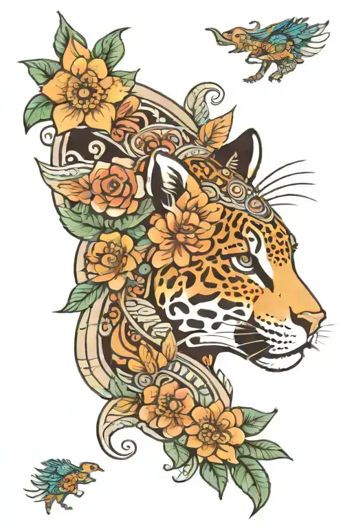 aztec princess flowers jaguar pelt  tattoo design idea