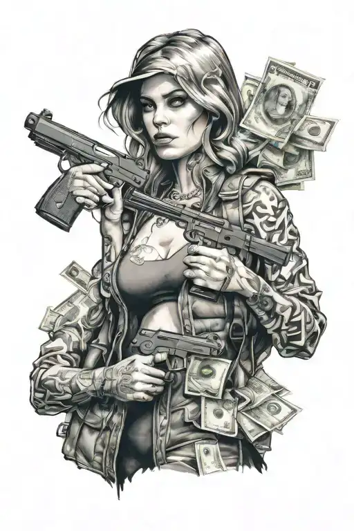 The face of a girl holding a gun and standing next to a hacker with a lot of dollars tattoo design idea