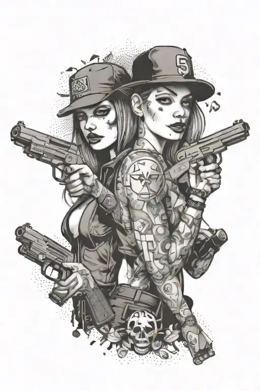 The face of a girl holding a gun and standing next to a hacker with a lot of dollars tattoo design idea