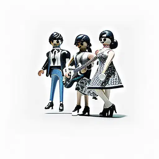Playmobil scene of a rockabilly concert with a crowd of figures dancing tattoo design idea
