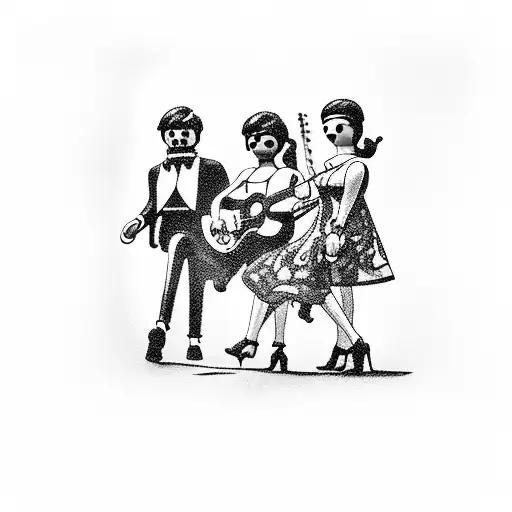 Playmobil scene of a rockabilly concert with a crowd of figures dancing tattoo design idea