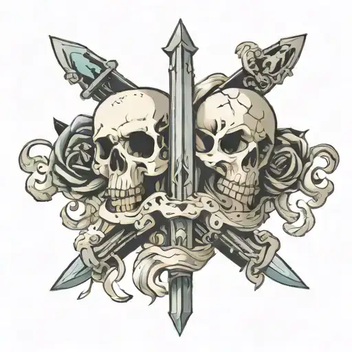 sword pointing downward piercing through stacked skulls tattoo design idea