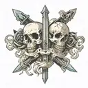 sword pointing downward piercing through stacked skulls tattoo design idea