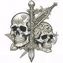 sword pointing downward piercing through stacked skulls tattoo design idea