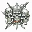 sword pointing downward piercing through stacked skulls tattoo design idea