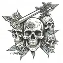 sword pointing downward piercing through stacked skulls tattoo design idea