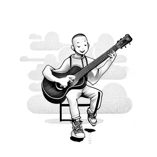 young Happy monk playing the guitar sitting on a chair tattoo design idea