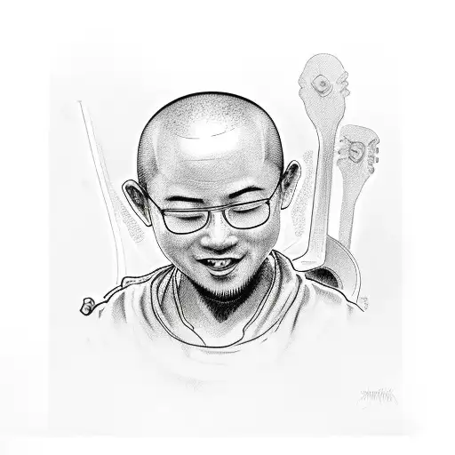 young bald Happy funky monk playing the guitar sitting on a chair tattoo design idea