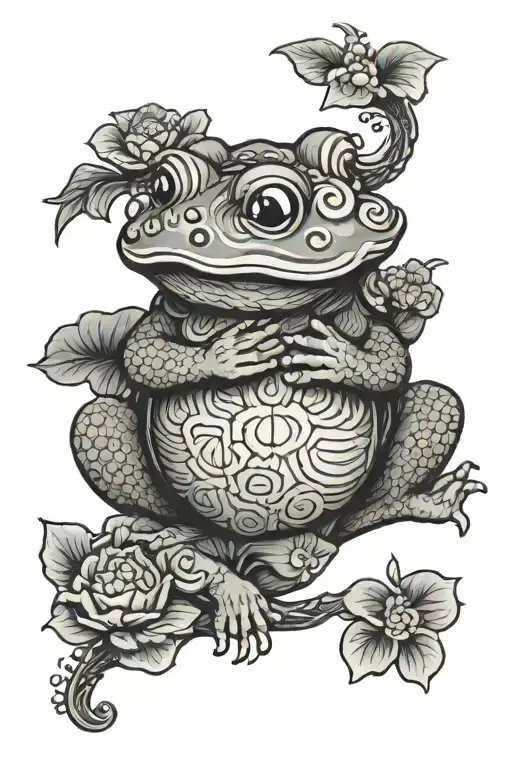 Japanese toad sitting on a daruma doll tattoo design idea