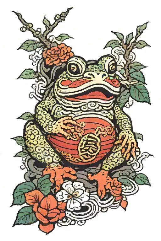 Japanese toad sitting on a daruma  tattoo design idea