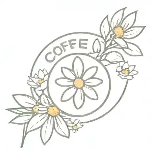Chamomile, coffee cherry,shaker, karma TEXT with icon font tattoo design idea