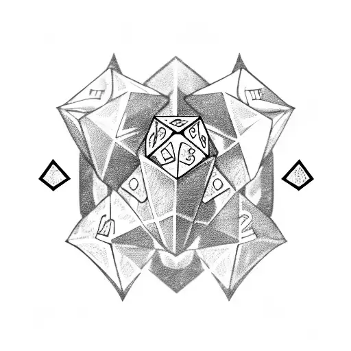 A fierce dragon battling a knight in full armor, with a D20 dice rolling in the background. tattoo design idea