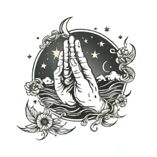 Graphic design with praying hands, moon, 4 stars, sea, unalome, sun. Simple line tattoo design idea