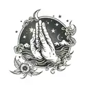 Graphic design with praying hands, moon, 4 stars, sea, unalome, sun. Simple line tattoo design idea