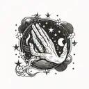 Graphic design with praying hands, moon, 4 stars, sea, unalome, sun. Simple line tattoo design idea