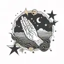 Graphic design with praying hands, moon, 4 stars, sea, unalome, sun. Simple line tattoo design idea