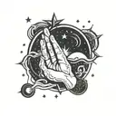 Graphic design with praying hands, moon, 4 stars, sea, unalome, sun. Simple line tattoo design idea