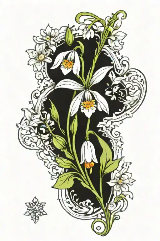 snowdrop lilly of the valley and poppy flower tattoo design idea