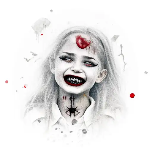 The girl is a vampire, smiling with bloody teeth and long bloody fingernails tattoo design idea