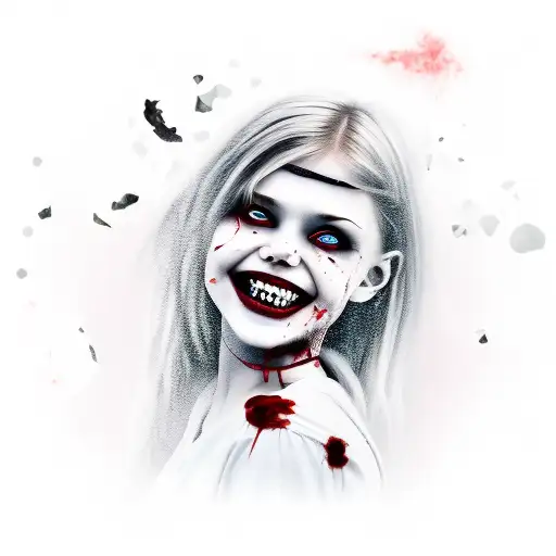 The girl is a vampire, smiling with bloody teeth and long bloody fingernails tattoo design idea
