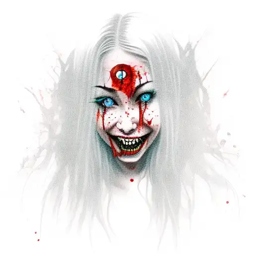 The girl is a vampire, smiling with bloody teeth and long bloody fingernails tattoo design idea