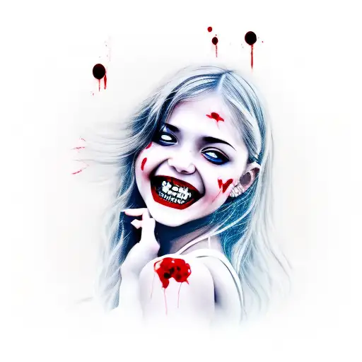 The girl is a vampire, smiling with bloody teeth and long bloody fingernails tattoo design idea