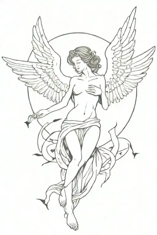 the fallen angel with doves and a biblical verse tattoo design idea