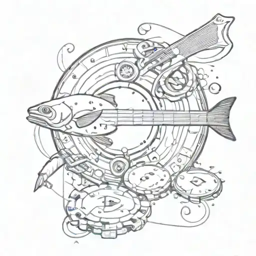 A poker chip with a fishing lure design and guitar strings coming out of it tattoo design idea