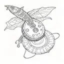 A poker chip with a fishing lure design and guitar strings coming out of it tattoo design idea
