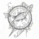A poker chip with a fishing lure design and guitar strings coming out of it tattoo design idea