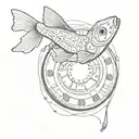A poker chip with a fishing lure design and guitar strings coming out of it tattoo design idea