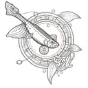 A poker chip with a fishing lure design and guitar strings coming out of it tattoo design idea