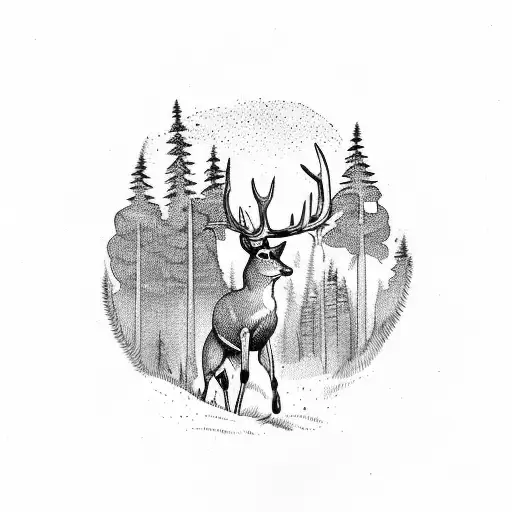 A hunter aiming a bow and arrow towards a deer in a forest setting tattoo design idea
