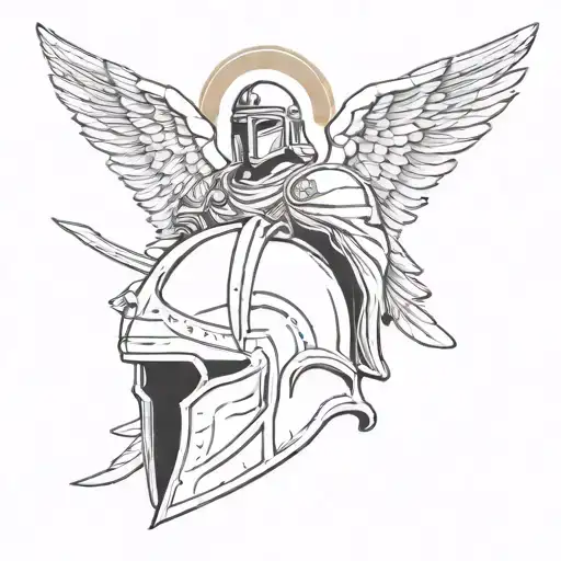 angel admiring his wings on top a spartan helmet tattoo design idea