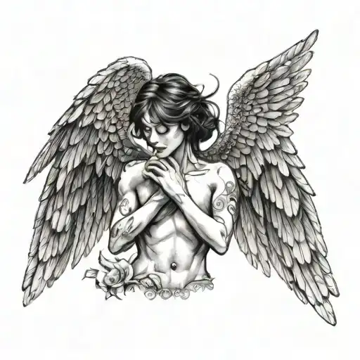 angel admiring their wings spread wide tattoo design idea