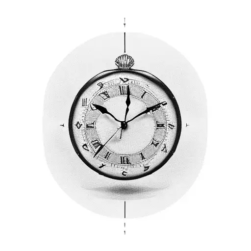 A detailed black-grey tattoo of an old-fashioned clock watch, set to 9:01pm, with a fierce wolf's face emerging from the clock face. tattoo design idea