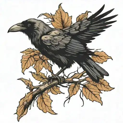A crow perched on a branch with dry leaves and branches: Symbolizing death, transition or, as well as life tattoo design idea
