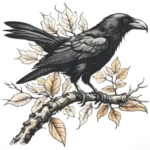 A crow perched on a branch with dry leaves and branches: Symbolizing death, transition or, as well as life tattoo design idea