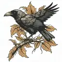A crow perched on a branch with dry leaves and branches: Symbolizing death, transition or, as well as life tattoo design idea