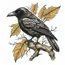 A crow perched on a branch with dry leaves and branches: Symbolizing death, transition or, as well as life tattoo design idea