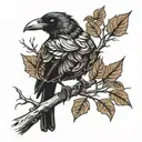 A crow perched on a branch with dry leaves and branches: Symbolizing death, transition or, as well as life tattoo design idea