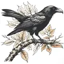 A crow perched on a branch with dry leaves and branches: Symbolizing death, transition or, as well as life tattoo design idea