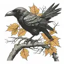 A crow perched on a branch with dry leaves and branches: Symbolizing death, transition or, as well as life tattoo design idea