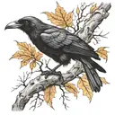 A crow perched on a branch with dry leaves and branches: Symbolizing death, transition or, as well as life tattoo design idea