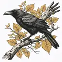 A crow perched on a branch with dry leaves and branches: Symbolizing death, transition or, as well as life tattoo design idea