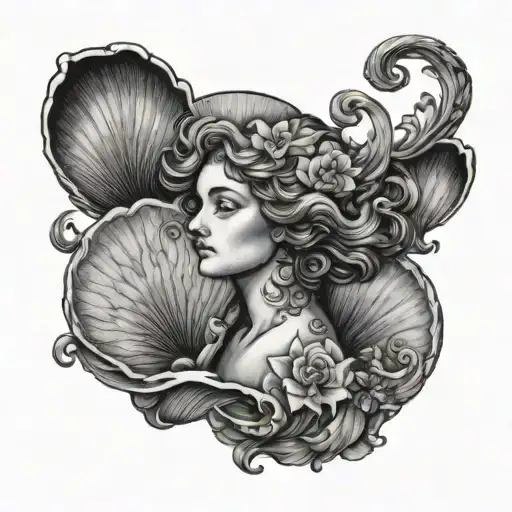 birth of Venus shell with flowers tattoo design idea