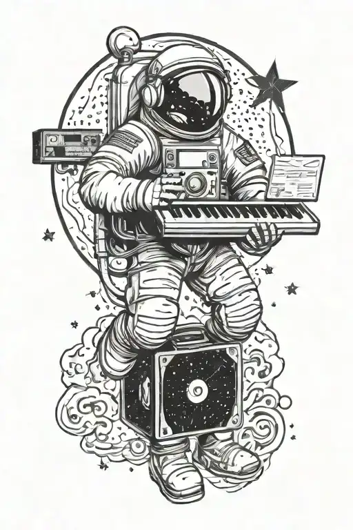 stars at the bottom, astronaut on the moon holding a music jukebox tattoo design idea