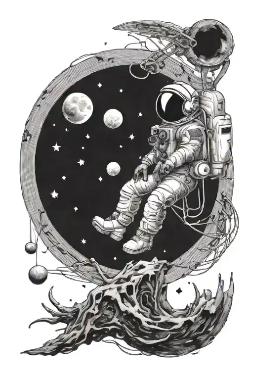 astronaut sitting on the moon surrounded by musical notes  tattoo design idea